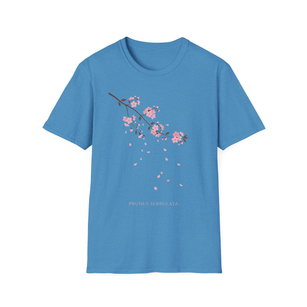 Cherry Blossom Branch T-Shirt, bright blue with pink sakura branch and falling petals print