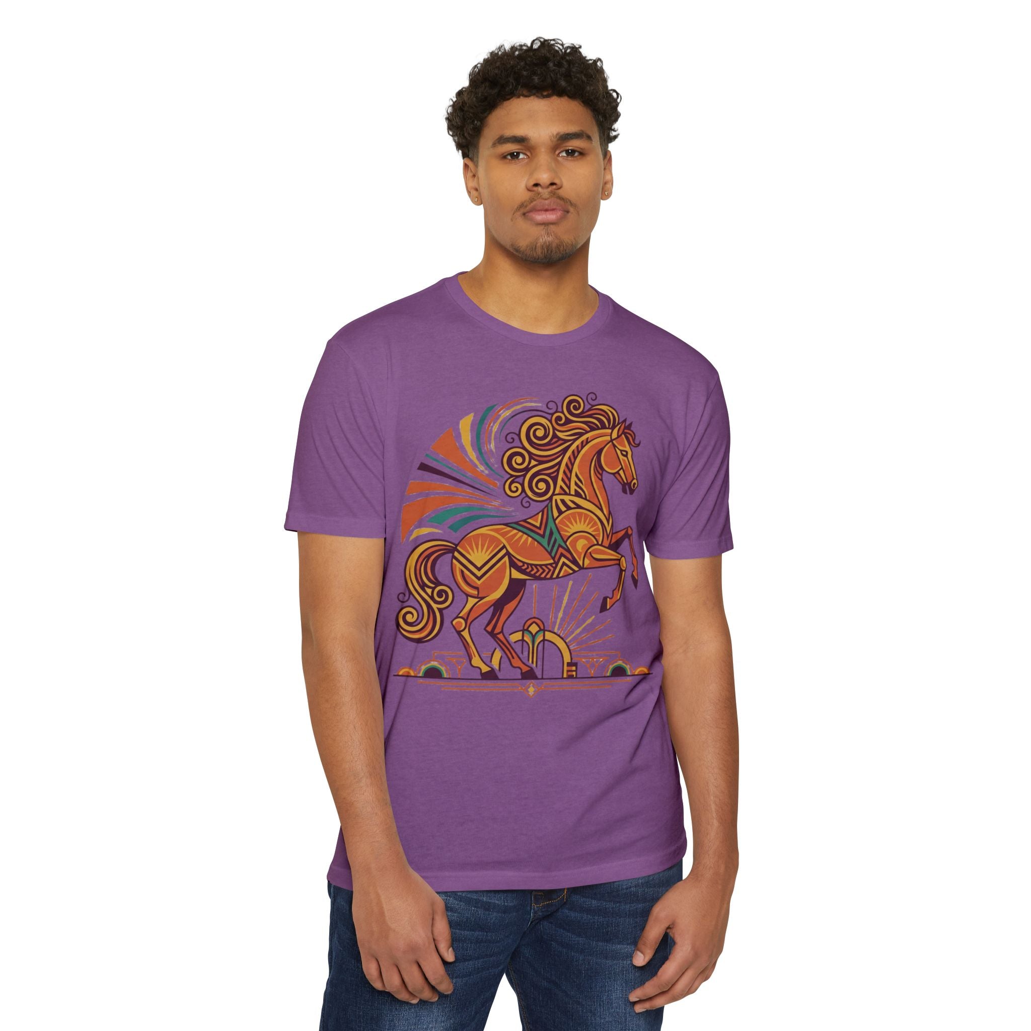 Purple crew-neck t-shirt with prancing horse graphic in sunburst.