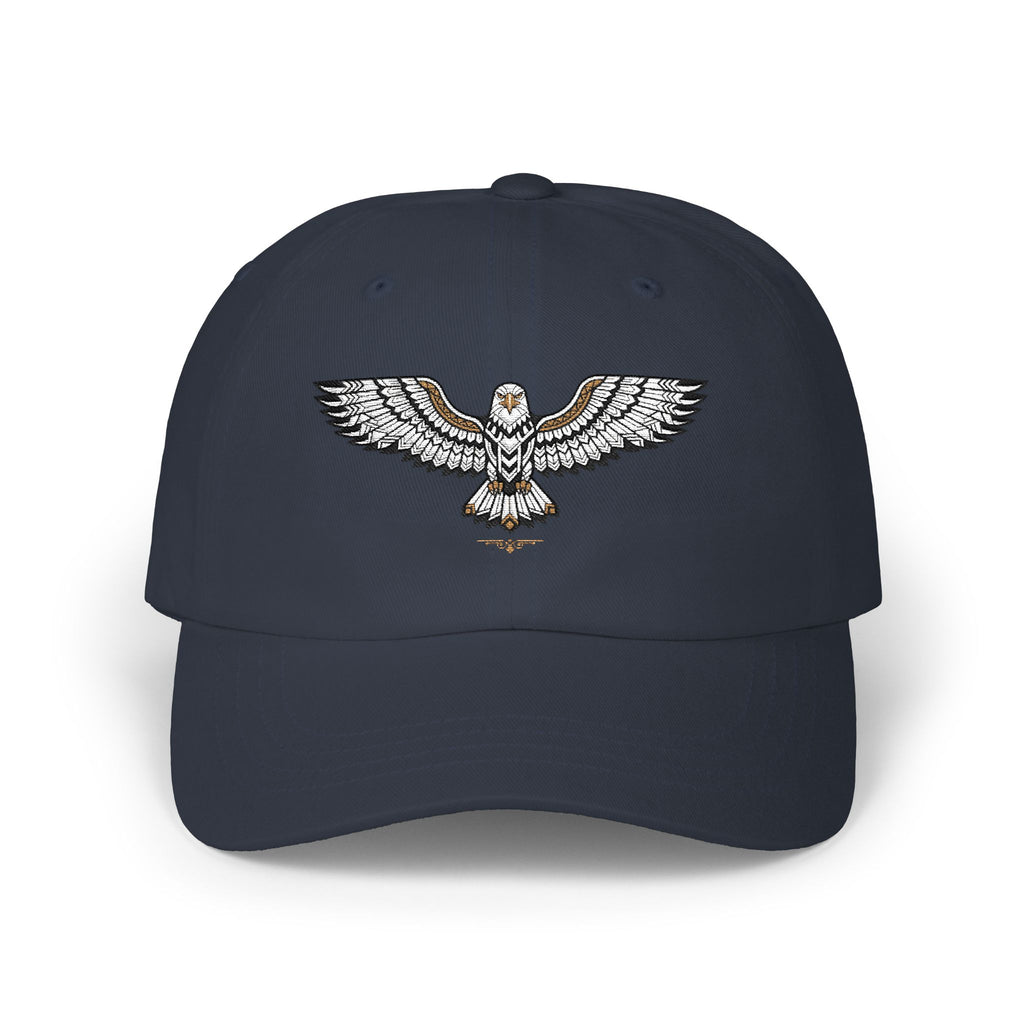 Navy dad cap with embroidered soaring eagle emblem on front panel
