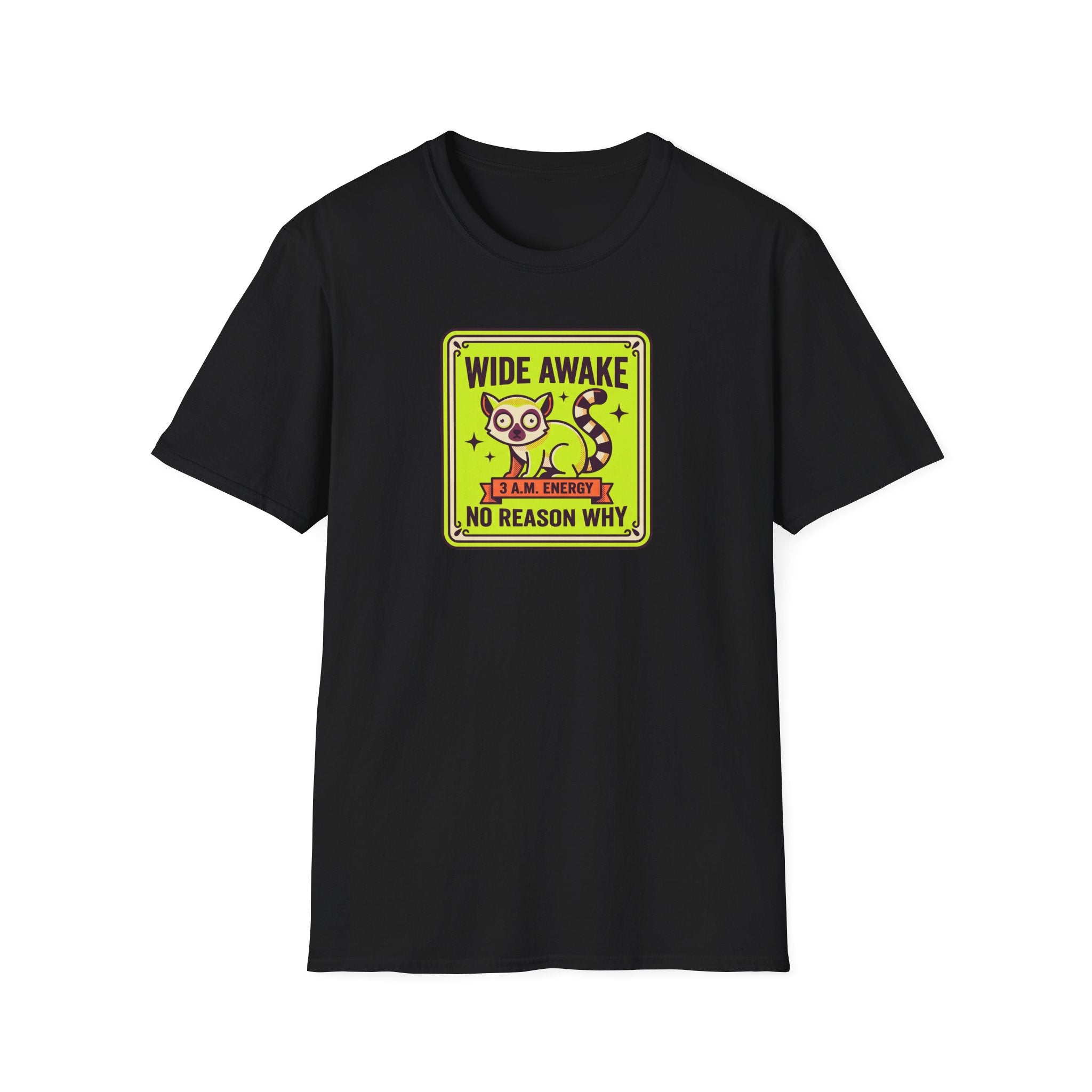 Black crewneck t-shirt with cat caffeine night owl graphic on chest