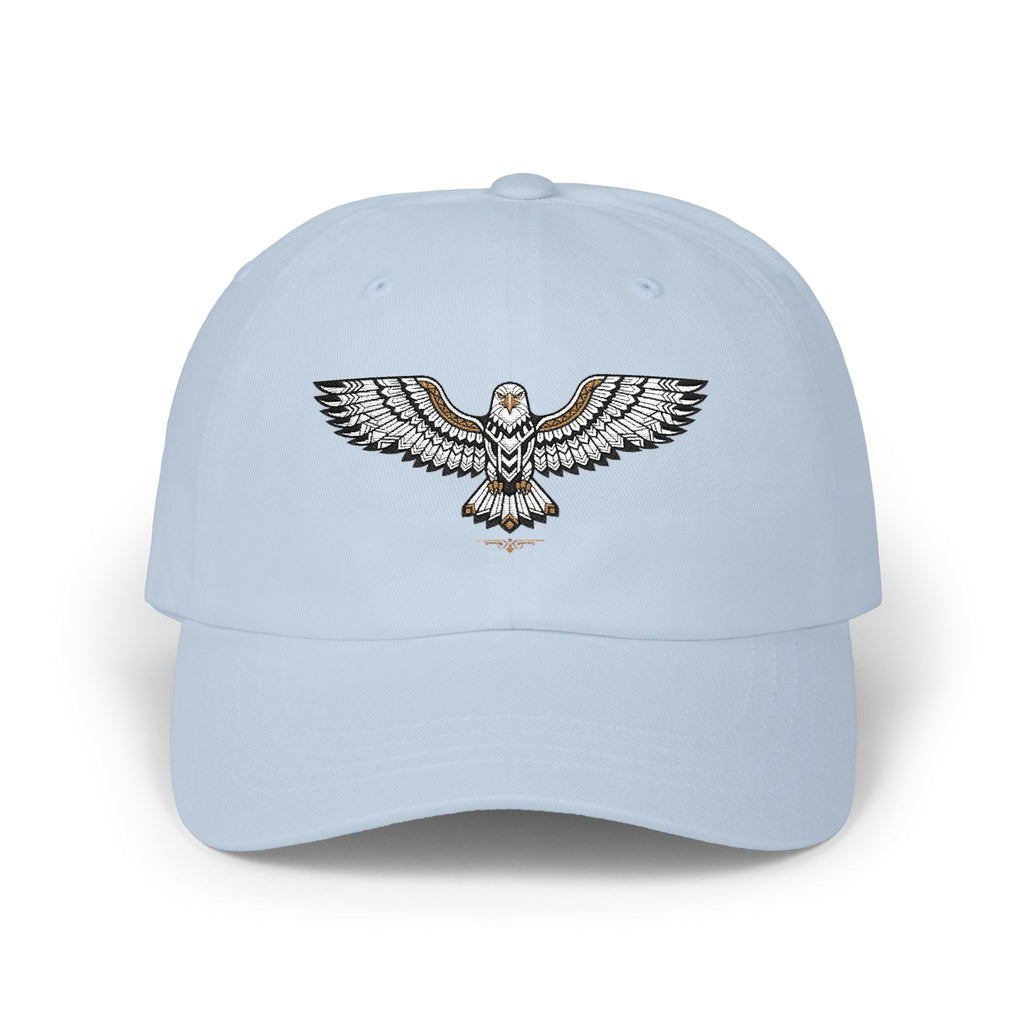 Light blue dad cap with embroidered soaring eagle emblem at front