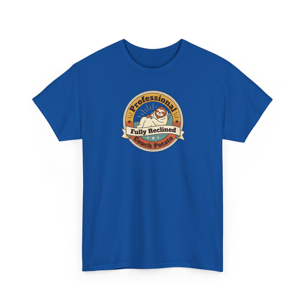 Royal blue crewneck T-shirt with circular sloth badge graphic on front.