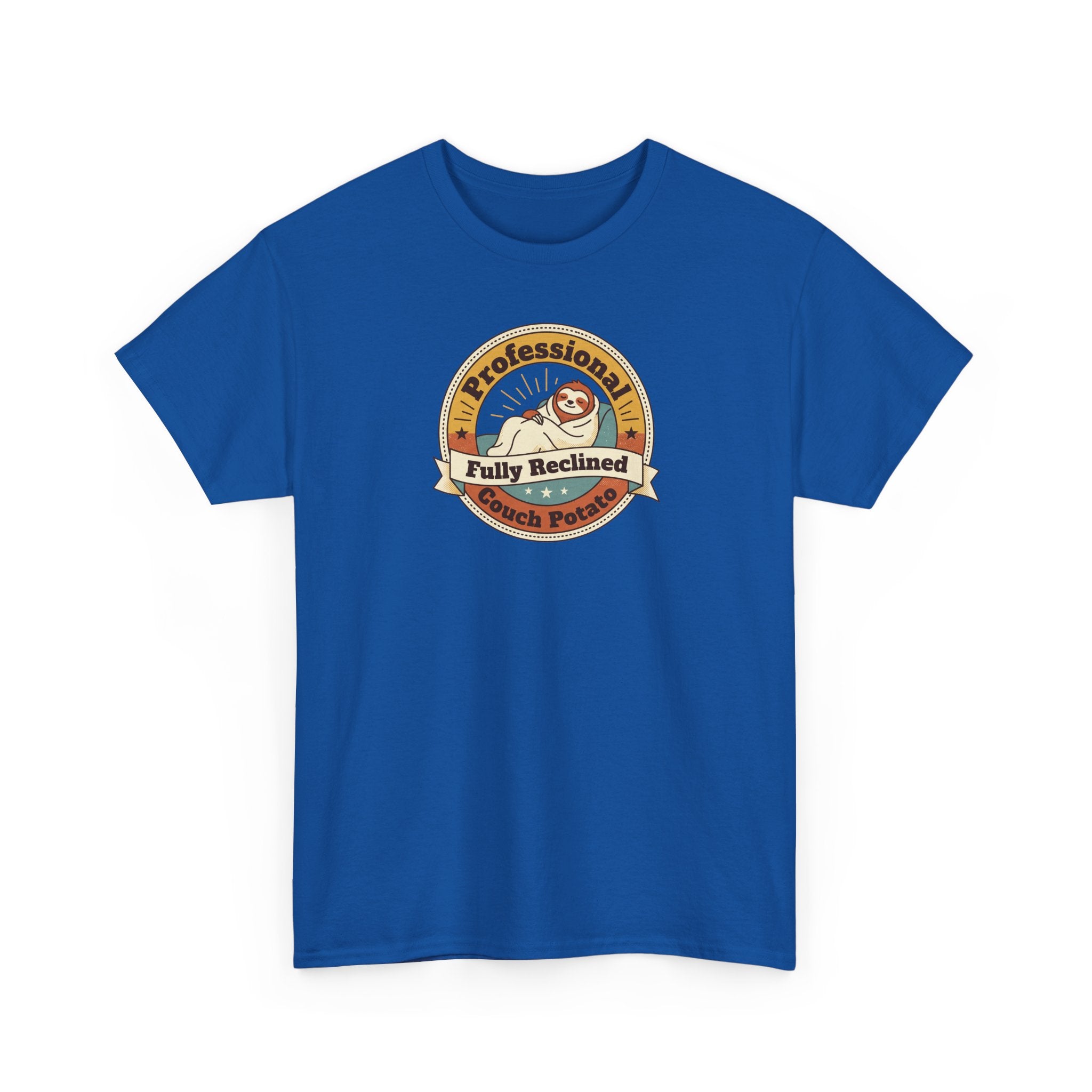 Royal blue crewneck T-shirt with circular sloth badge graphic on front.