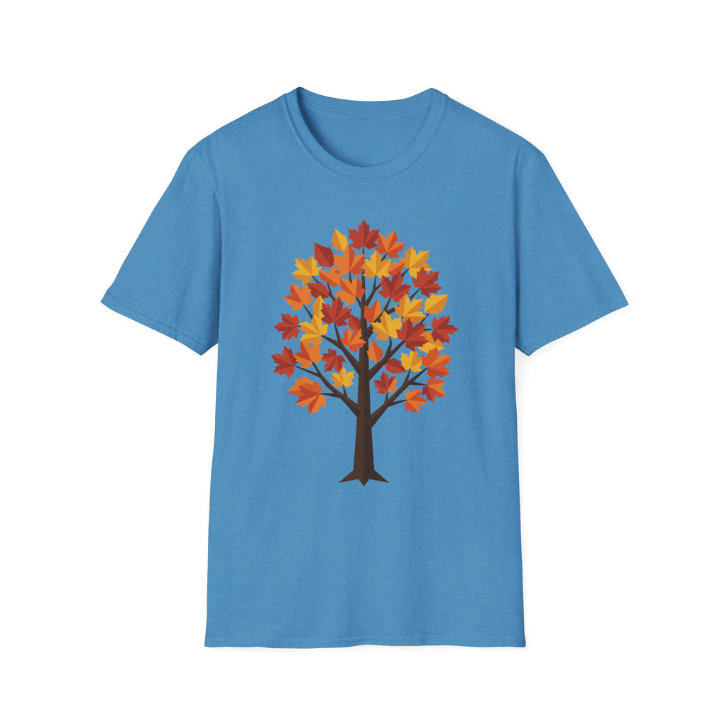 Camiseta azul con árbol de arce otoñal y hojas de colores, estampado frontal