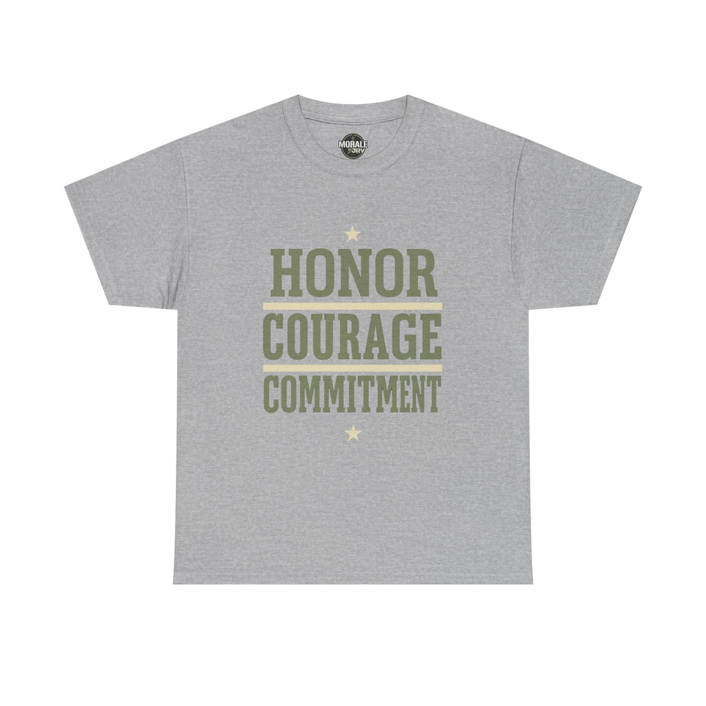 Light gray T-shirt with “HONOR COURAGE COMMITMENT” text graphic and star accents