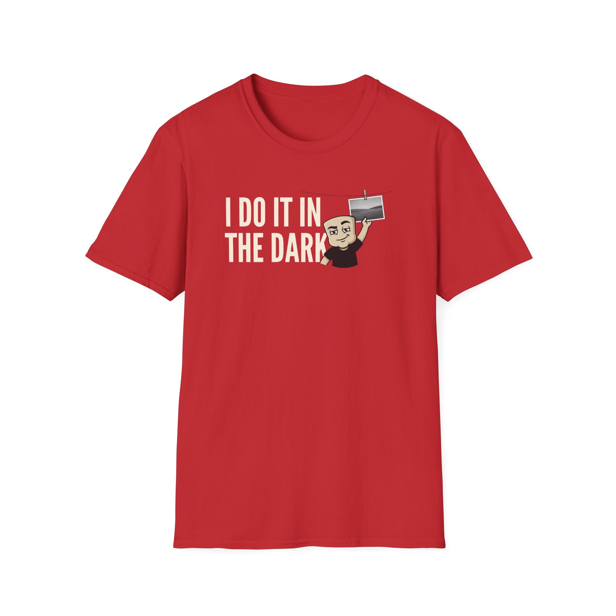Red T-shirt with “I DO IT IN THE DARK” camera graphic on chest