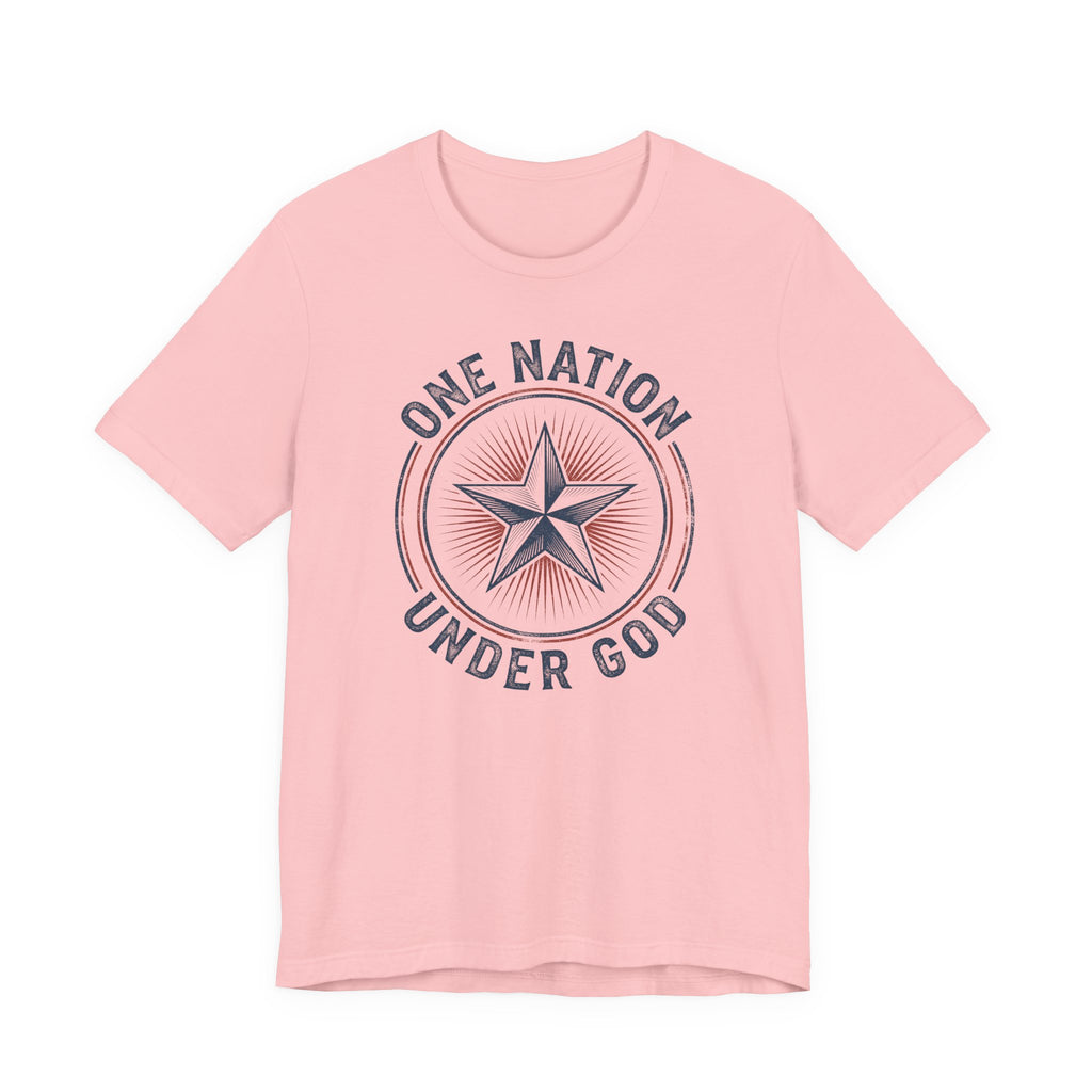 Pink patriotic star badge T-shirt with 'Under God' text