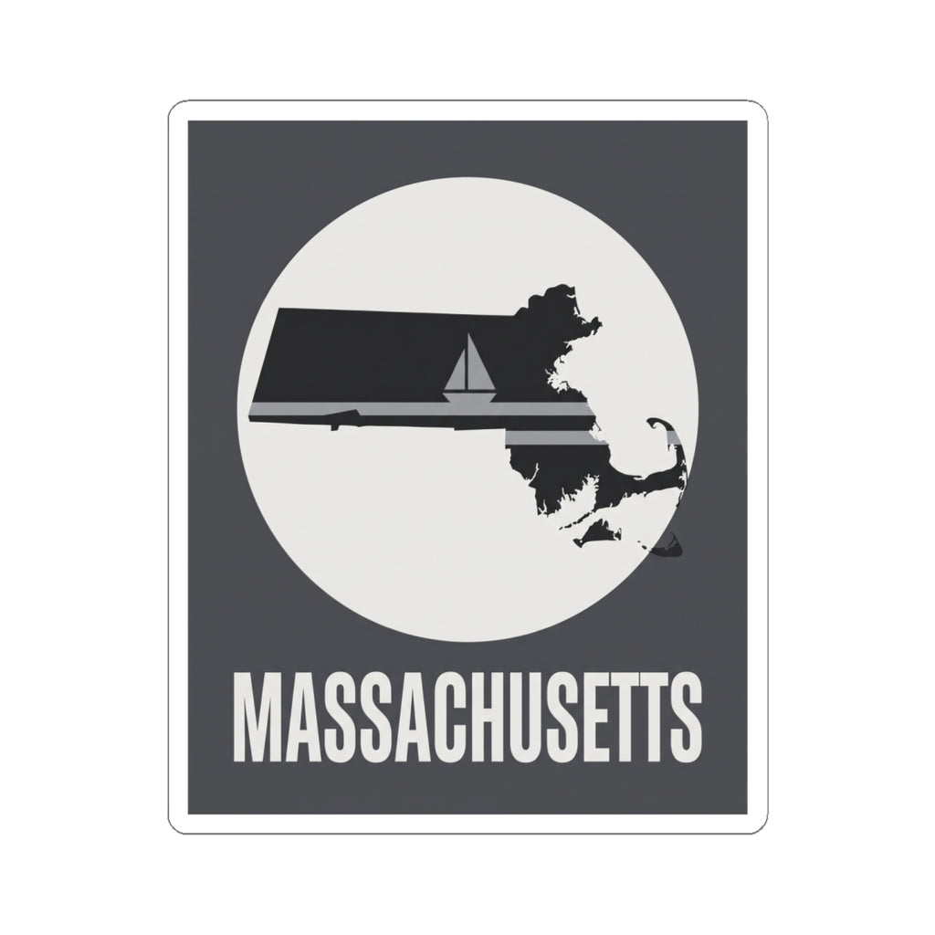 Massachusetts nautical sailboat silhouette sticker, circular retro graphic, bold lettering
