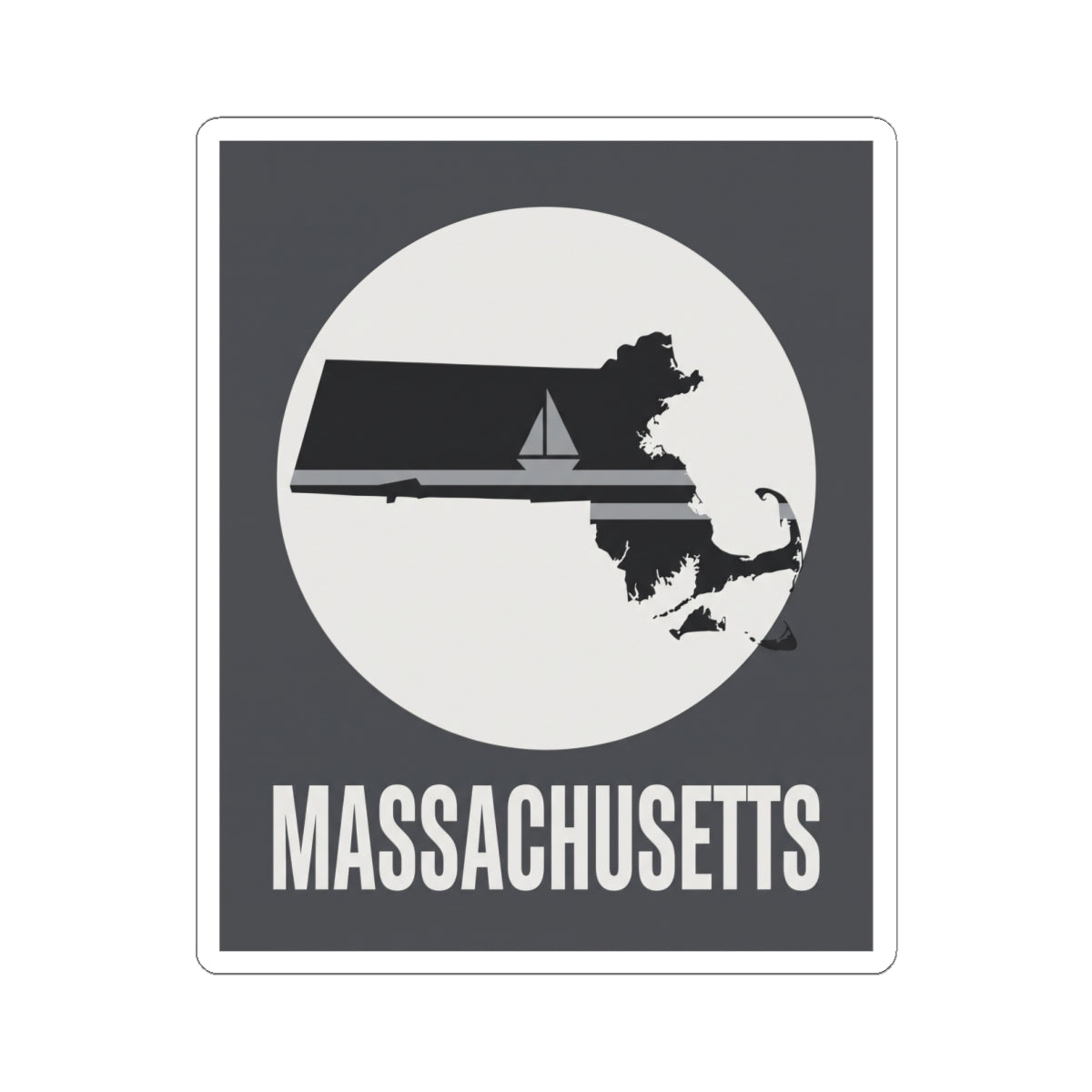 Massachusetts nautical sailboat silhouette sticker, circular retro graphic, bold lettering