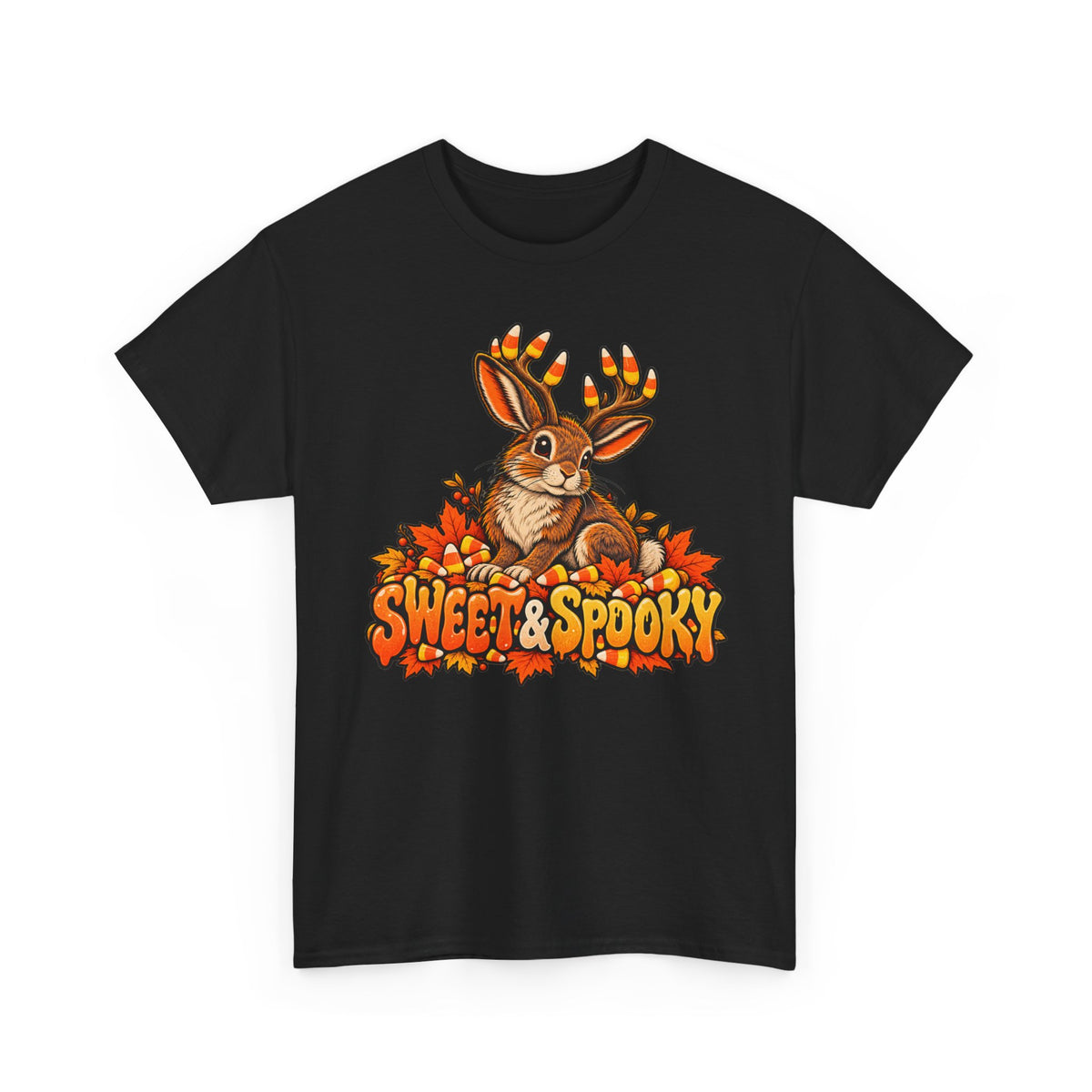 Black Halloween jackalope t-shirt with candy corn antler bunny front graphic