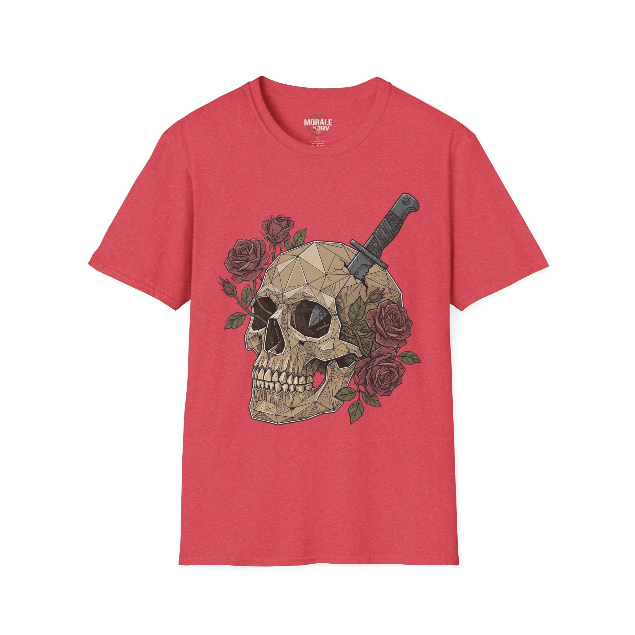 Heather red graphic T-shirt with geometric skull, dagger and rose bouquet print