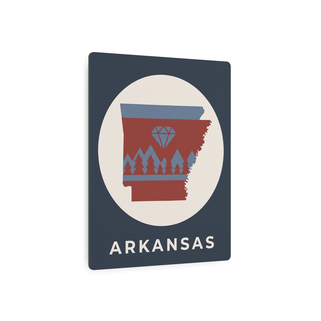 Arkansas metal art sign, tilted dark blue square with oval graphic and “ARKANSAS”