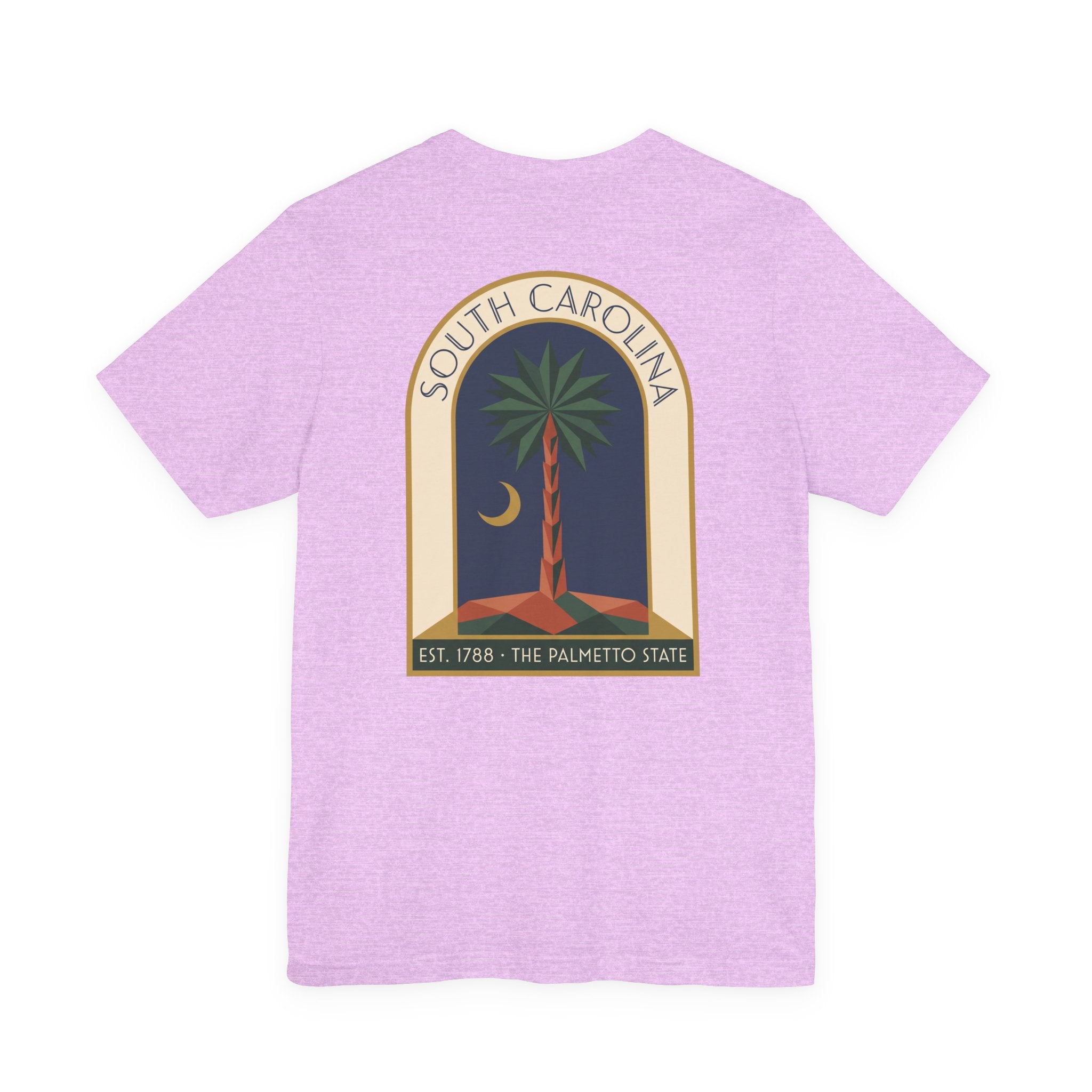 Purple heather T-shirt with large South Carolina palmetto window graphic on back