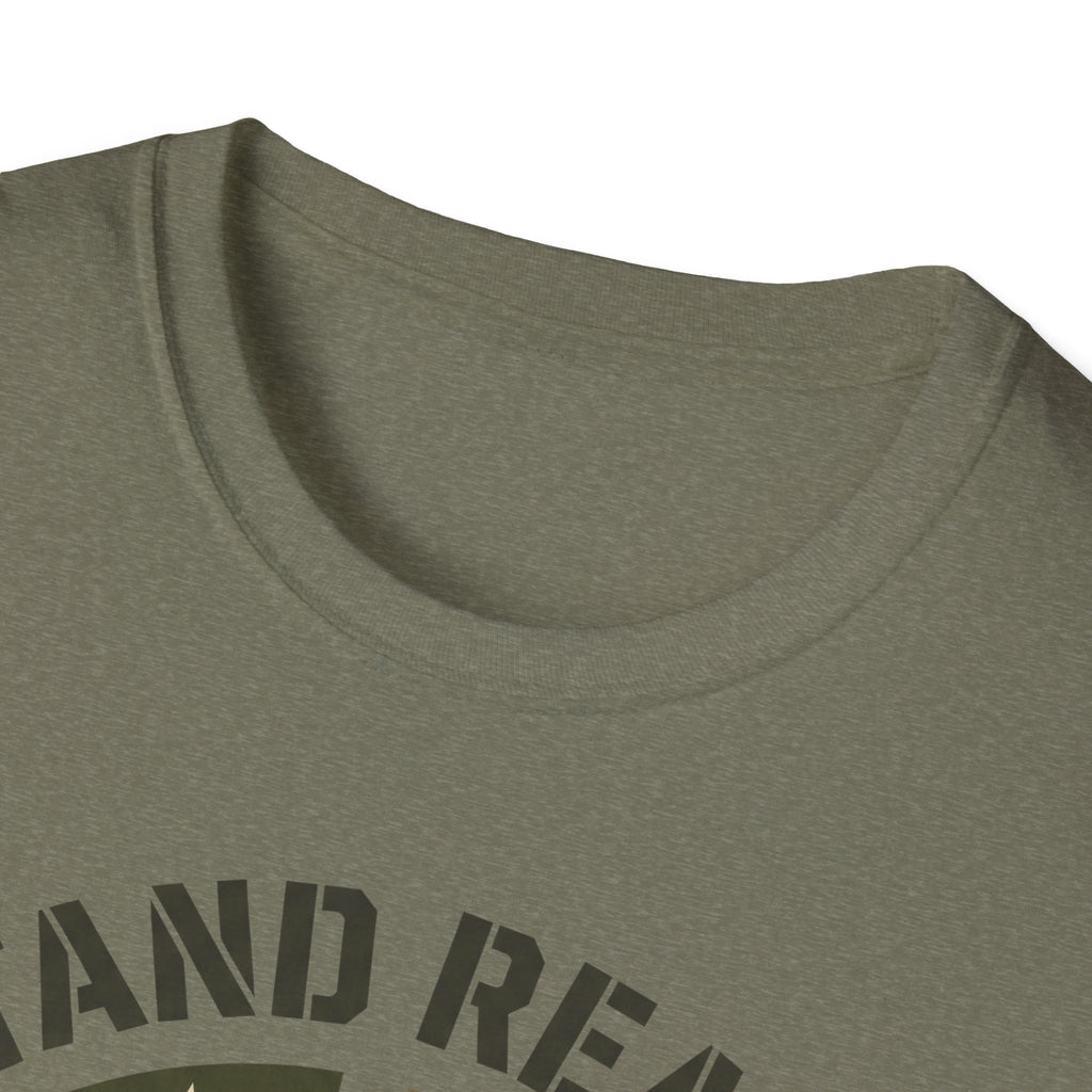 Military green crew-neck T-shirt neckline close-up