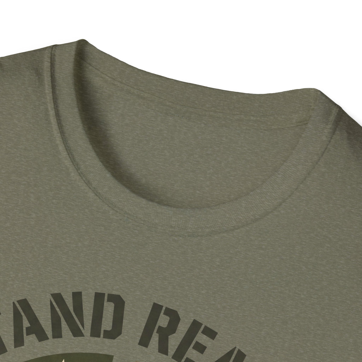 Military green crew-neck T-shirt neckline close-up