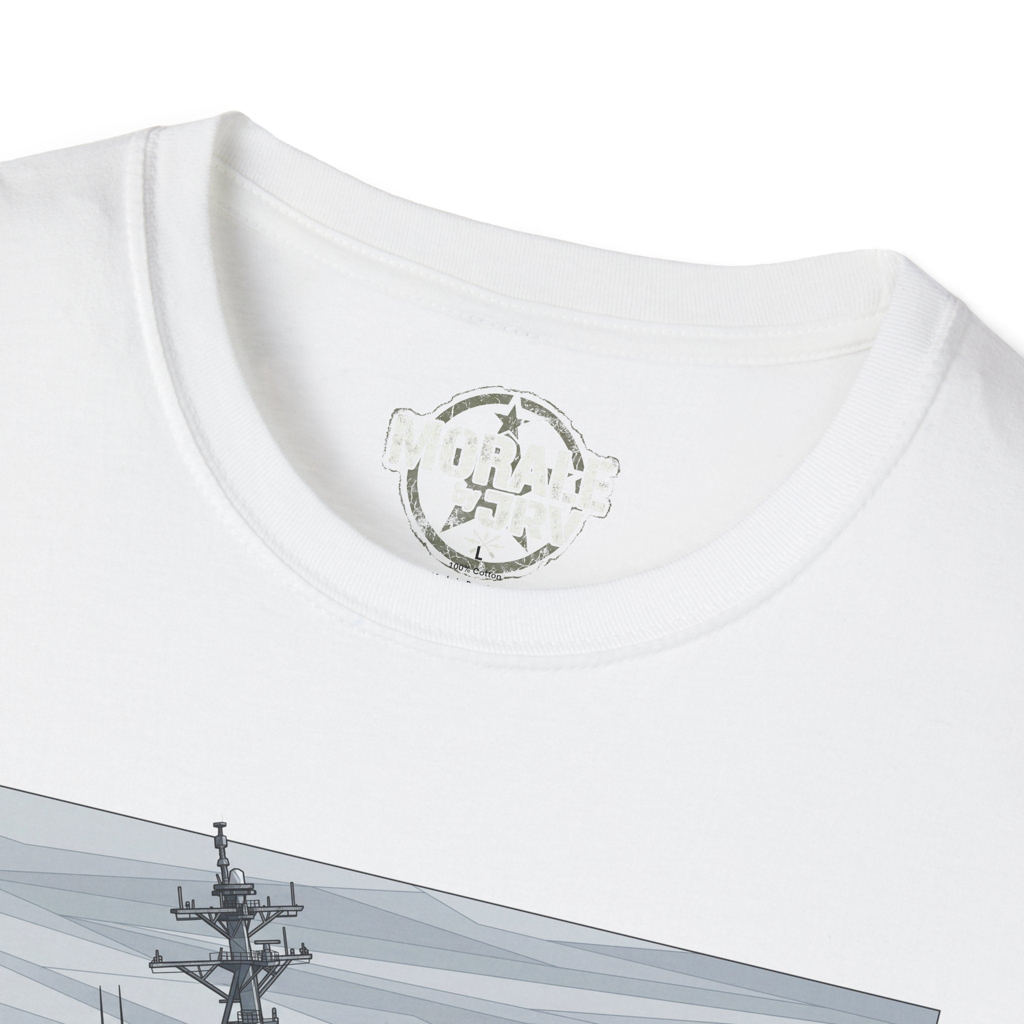 White T-shirt with round logo patch at neckline and partial wave print