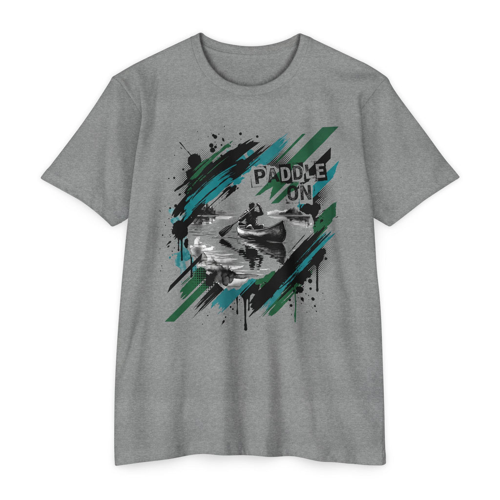 Gray short-sleeve T-shirt with “PADDLE ON” kayak graphic on the front
