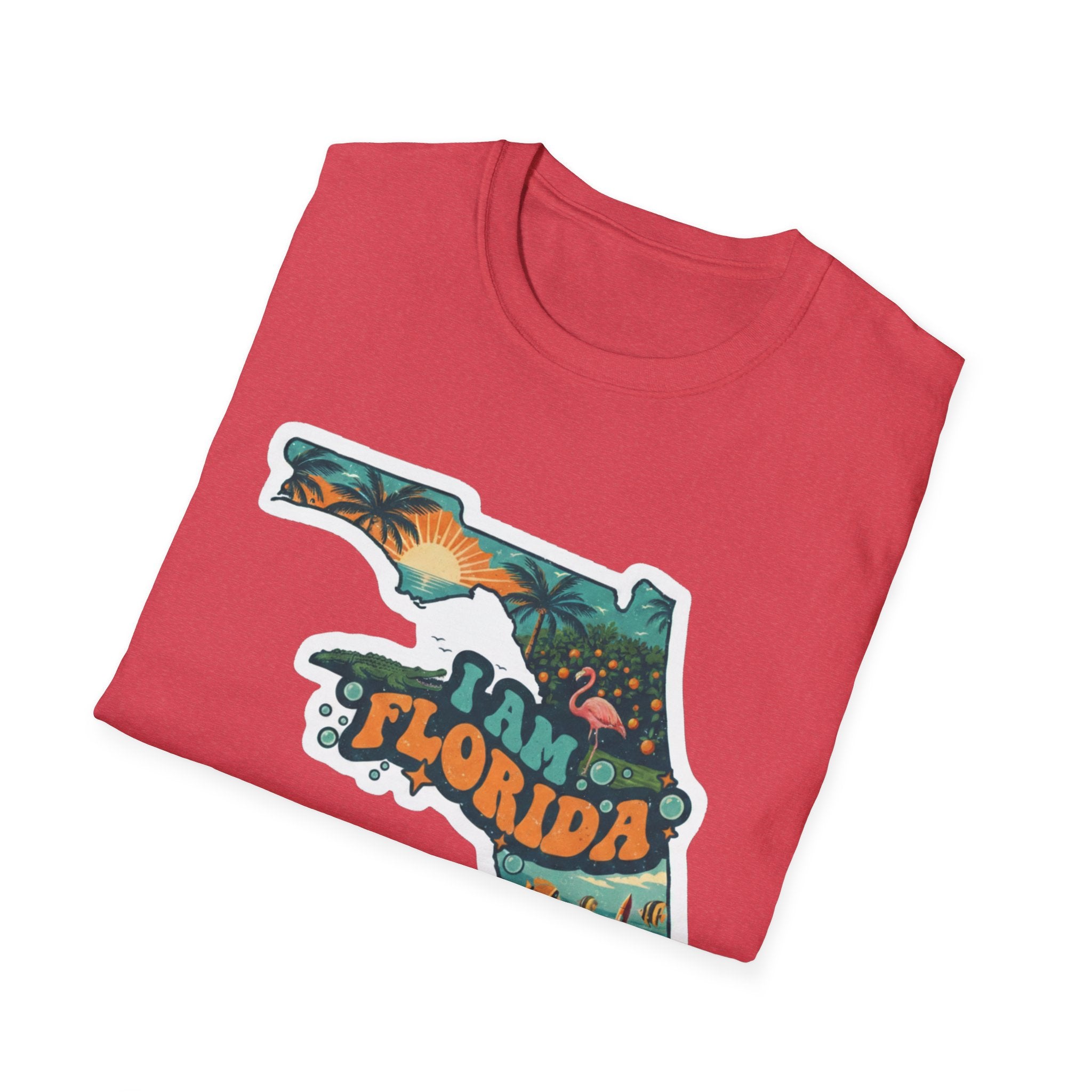 Red I Am Florida T-shirt with tropical Florida map and sunset design