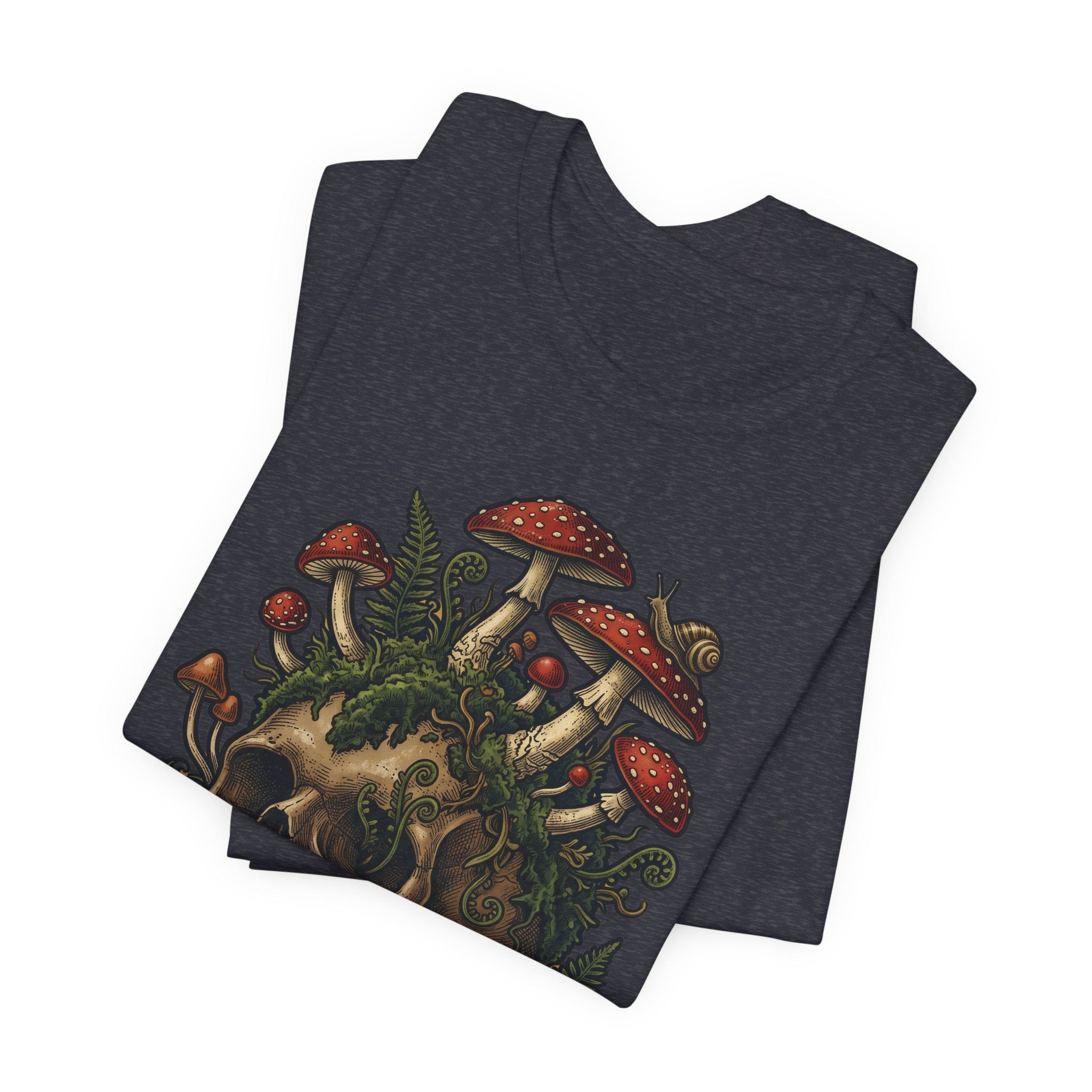 Mushroom skull graphic T-shirt, dark heather grey, folded view showing full mushroom skull