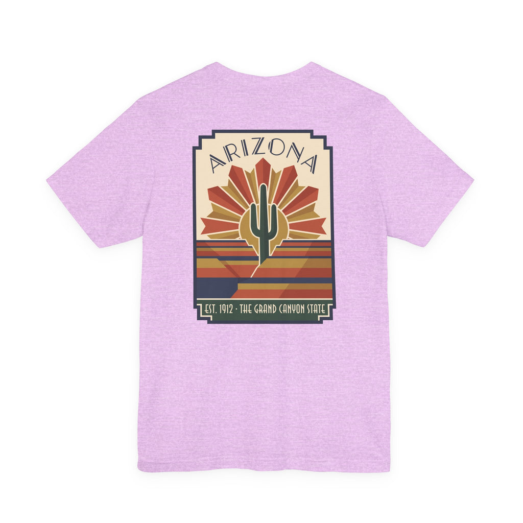 Lavender t-shirt with Arizona cactus art graphic in framed sunburst stripes