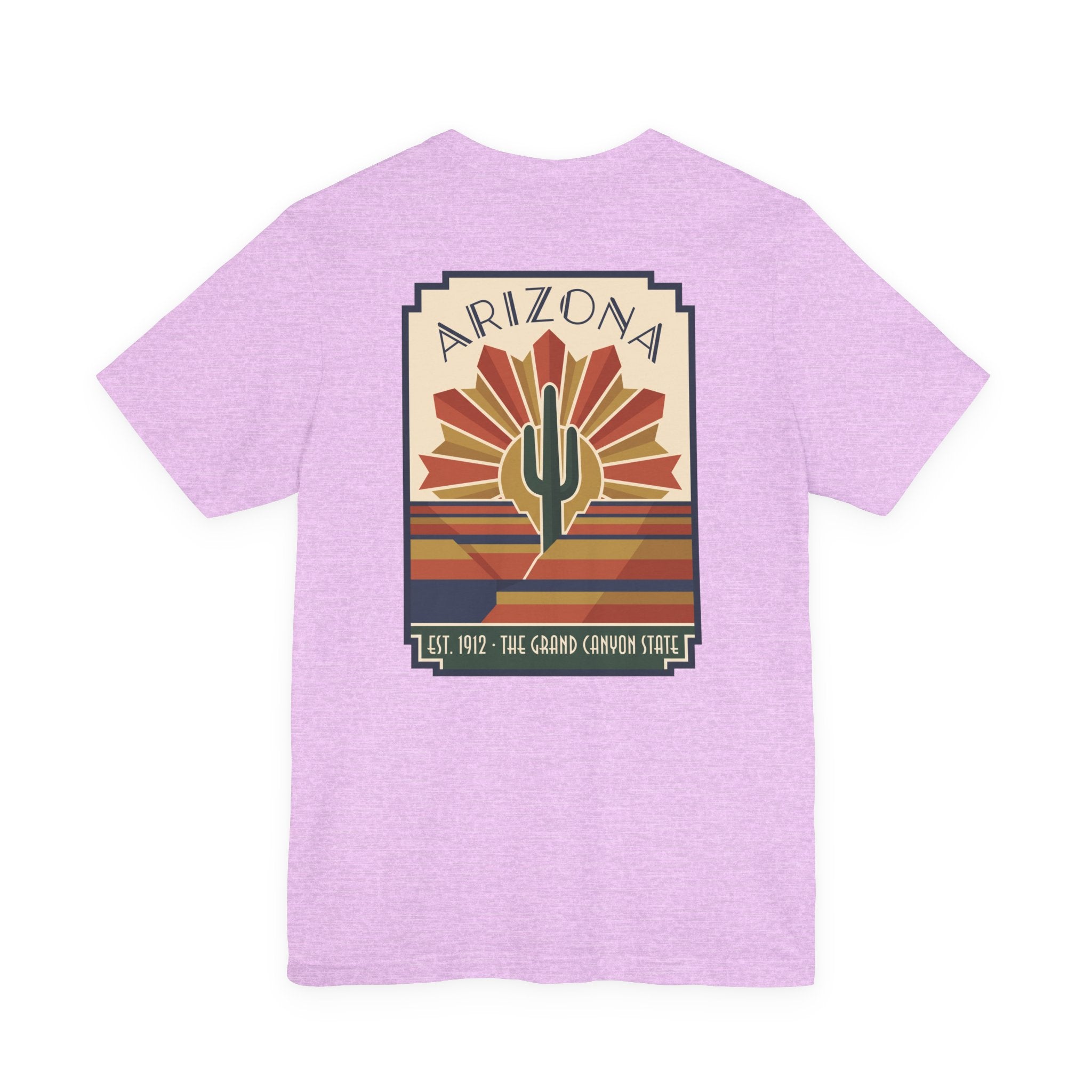 Lavender t-shirt with Arizona cactus art graphic in framed sunburst stripes