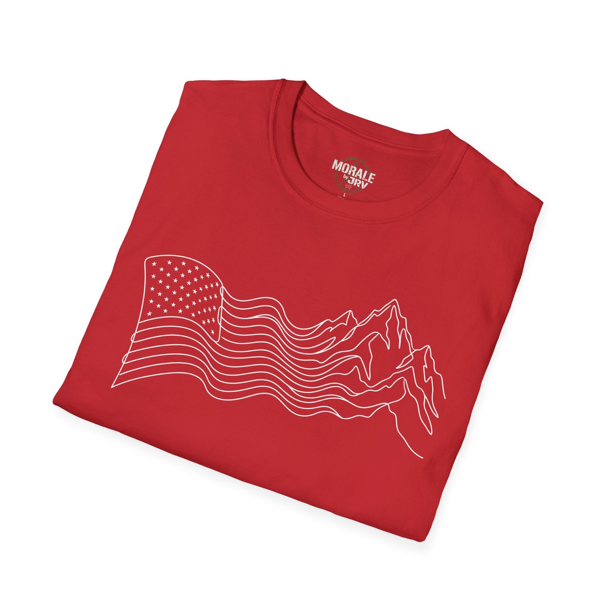 Red graphic T-shirt with flag-style wave lines and minimalist mountain skyline illustration