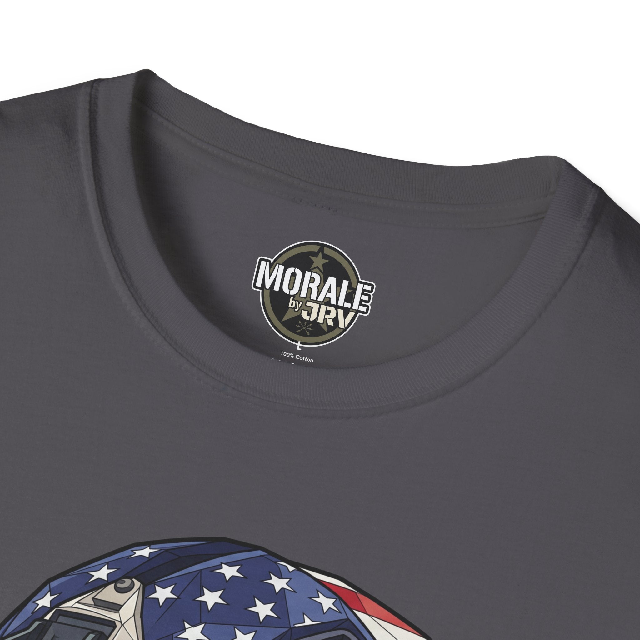 Charcoal crewneck T-shirt with Morale by TRV logo at collar