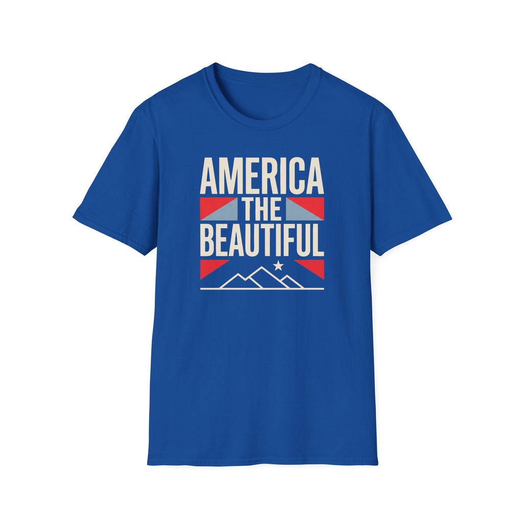 Blue crewneck T-shirt with centered “AMERICA THE BEAUTIFUL” graphic and flag design.