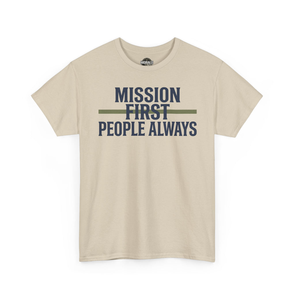 Sand crewneck T-shirt with “MISSION FIRST PEOPLE ALWAYS” front graphic