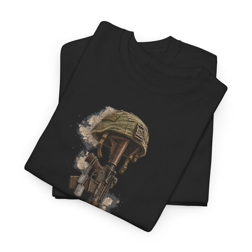 Black short-sleeve T-shirt with camo soldier helmet and rifle graphic