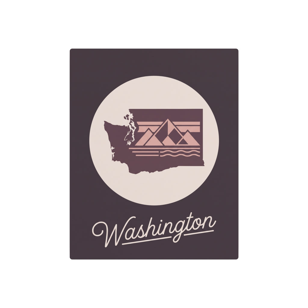Mauve square metal wall art with circular Washington silhouette and script “Washington”