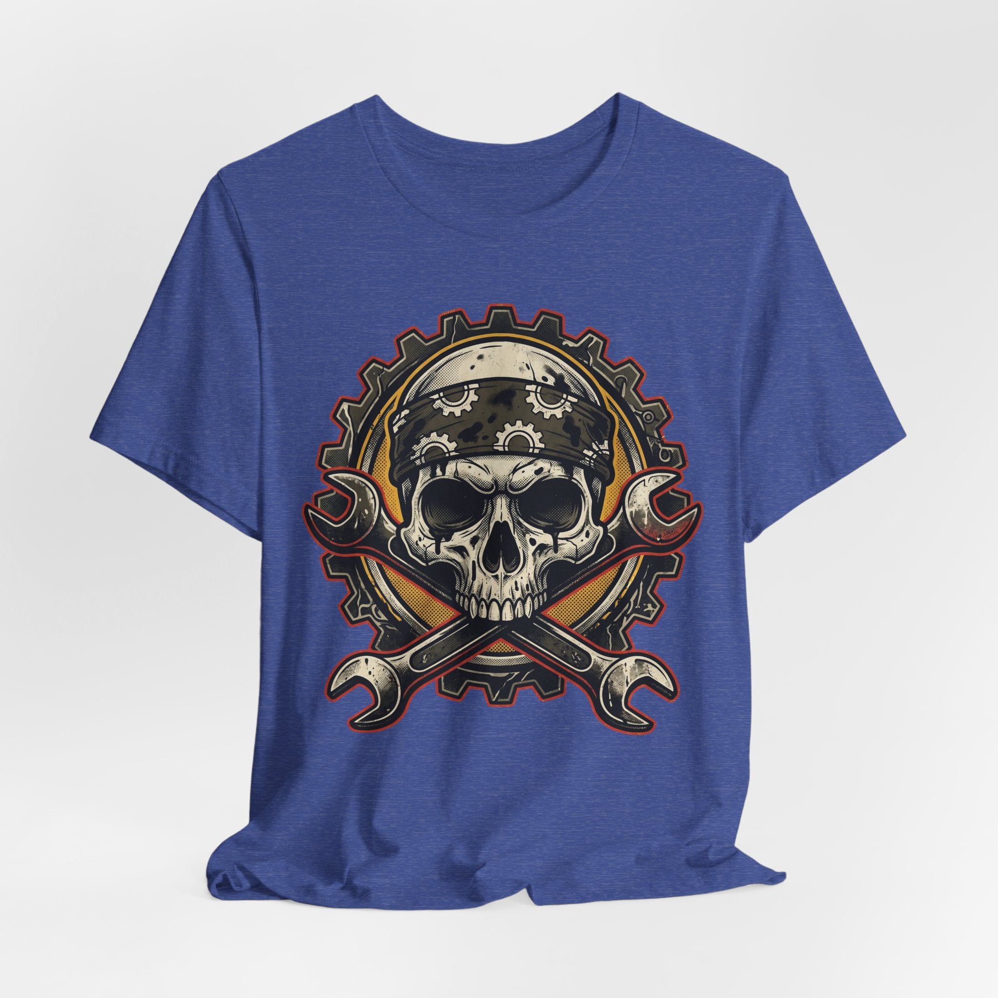 Heather navy crew neck T-shirt with large biker skull logo front print