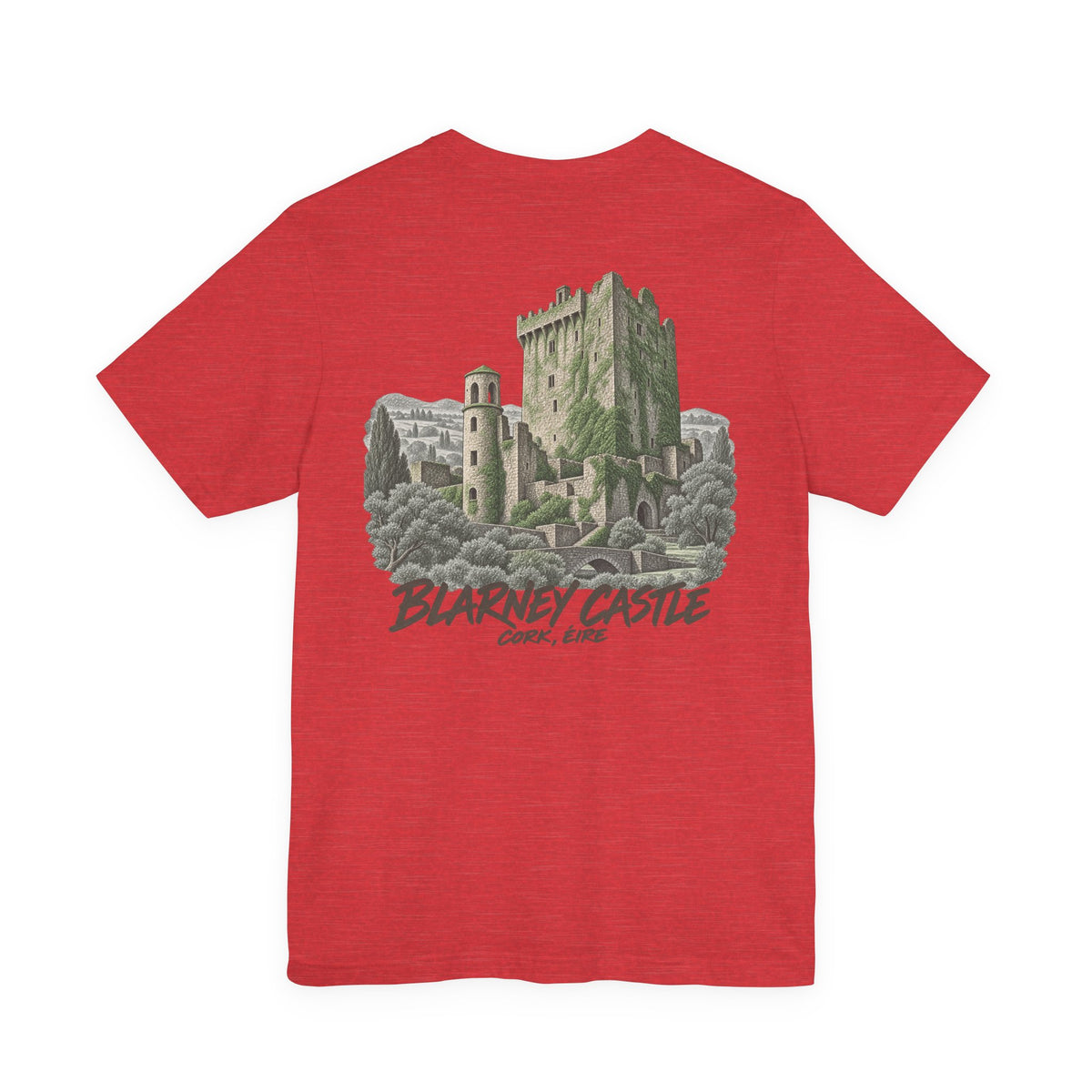 Red short-sleeve t-shirt with vintage castle graphic on the chest