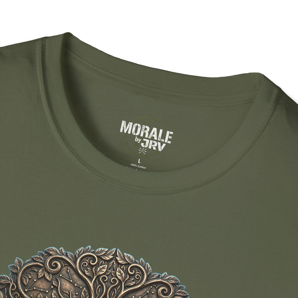 Military green T-shirt neckline with small logo patch