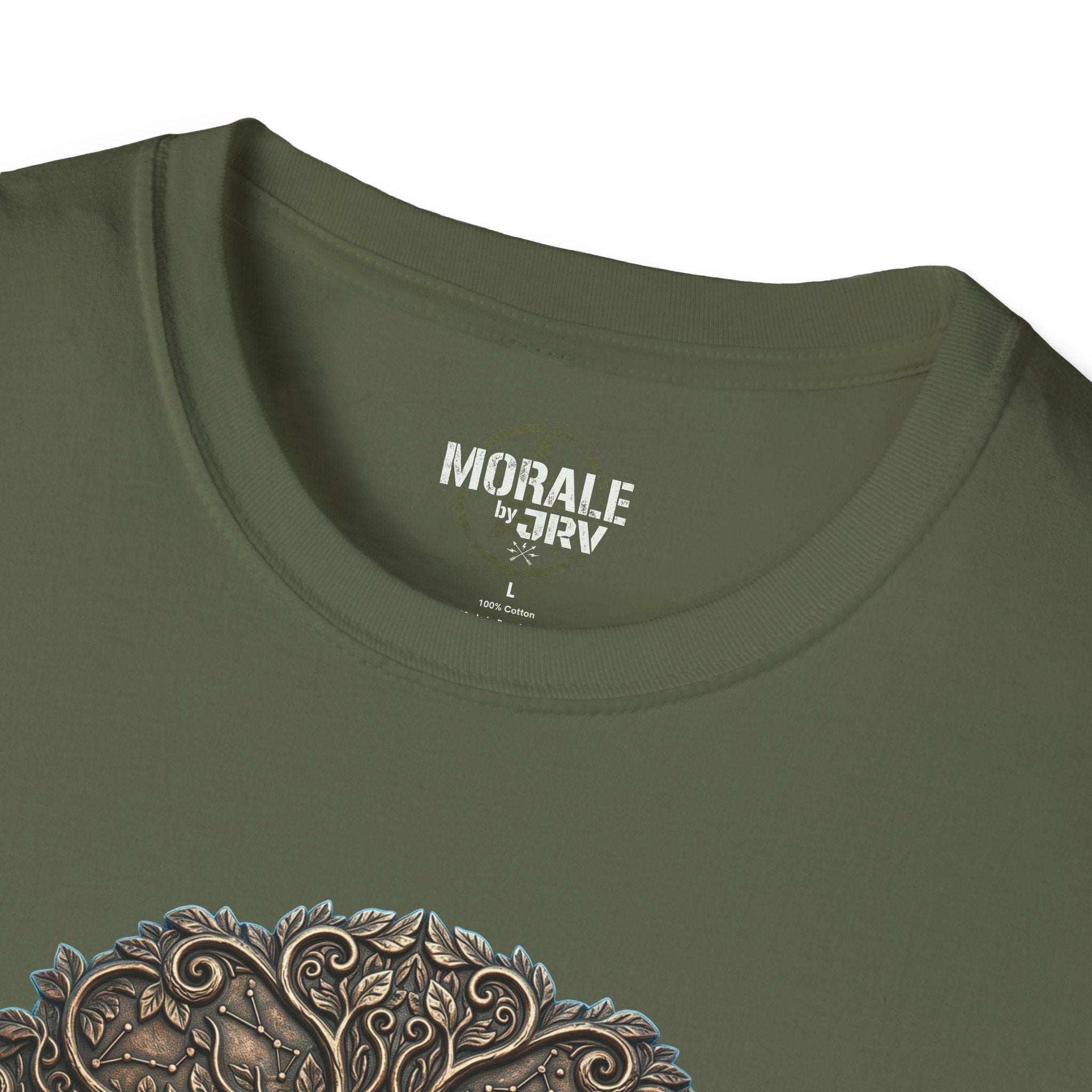 Military green T-shirt neckline with small logo patch