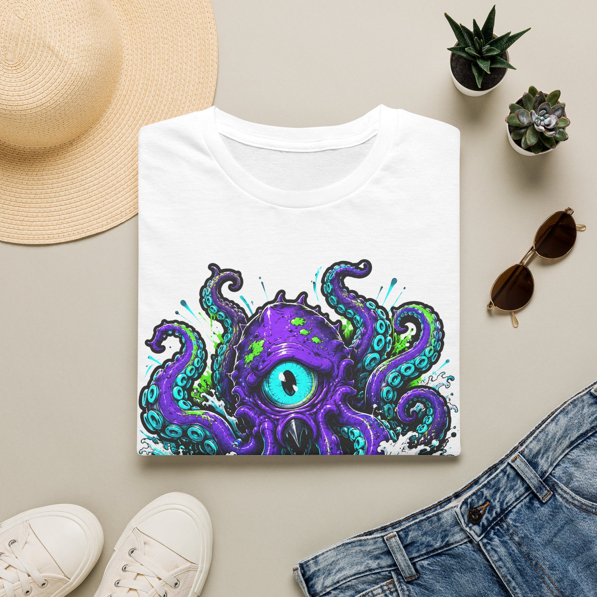 White graphic octopus T-shirt with purple cyclops eye and teal tentacles