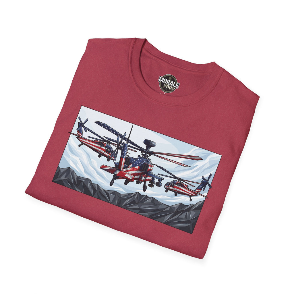 Attack helicopter graphic T-shirt with two red helicopters over mountain scene