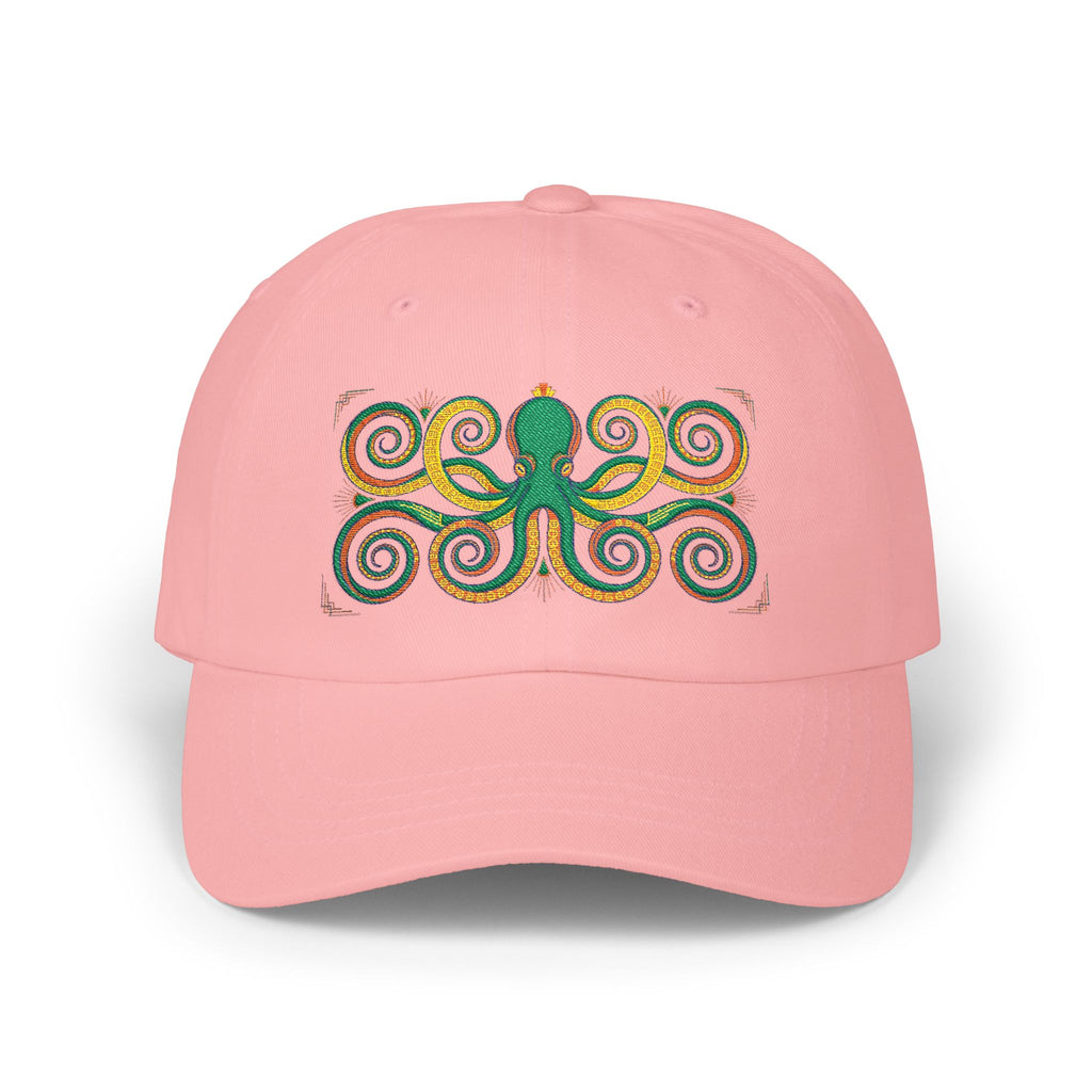 Pink dad cap with multicolor octopus swirl embroidery on the front panel