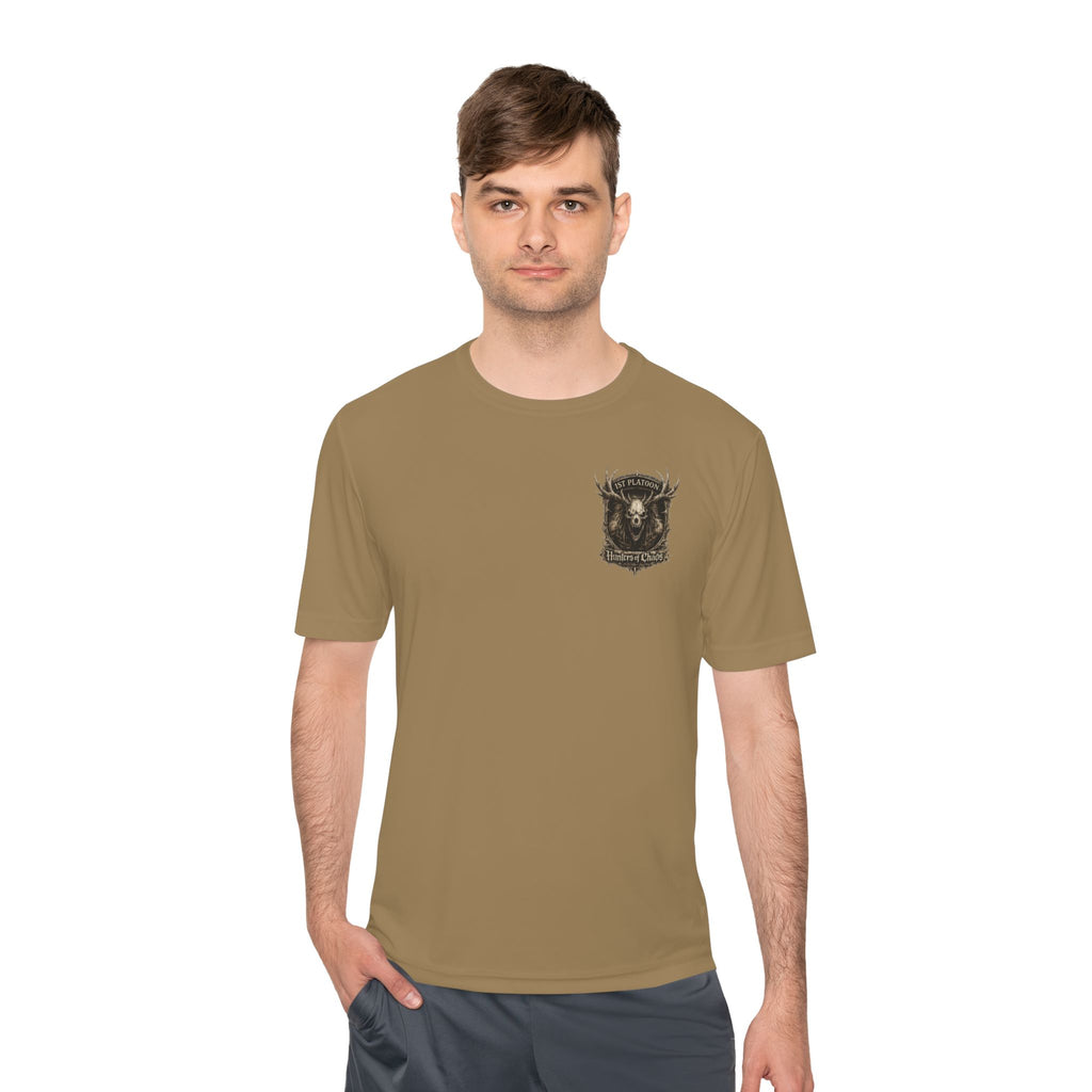 Coyote brown T-shirt on model with small gold deer emblem on left chest