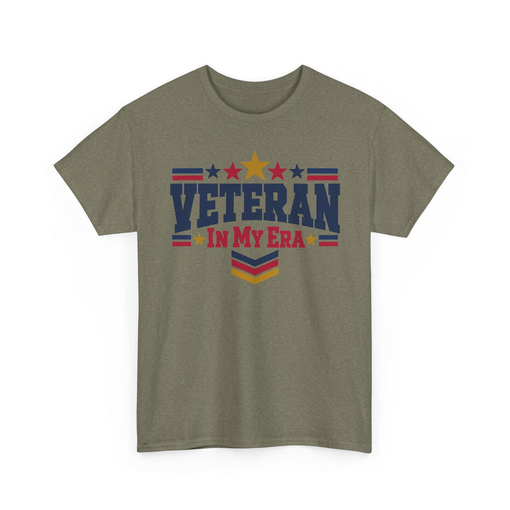 Olive green veteran graphic t-shirt with stars-and-stripes “Veteran in My Era” print