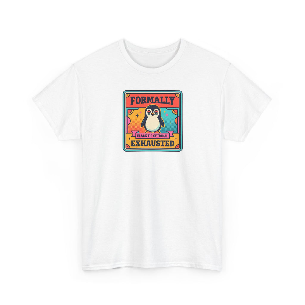 White crewneck T-shirt with penguin graphic and text on chest.