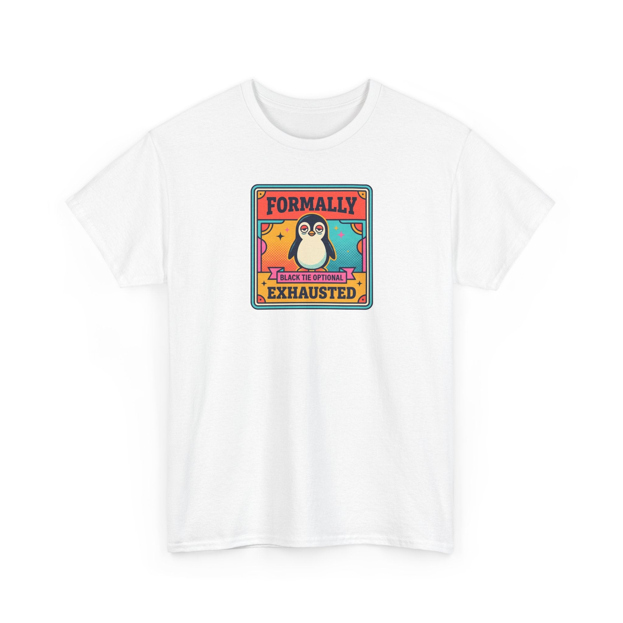White crewneck T-shirt with penguin graphic and text on chest.