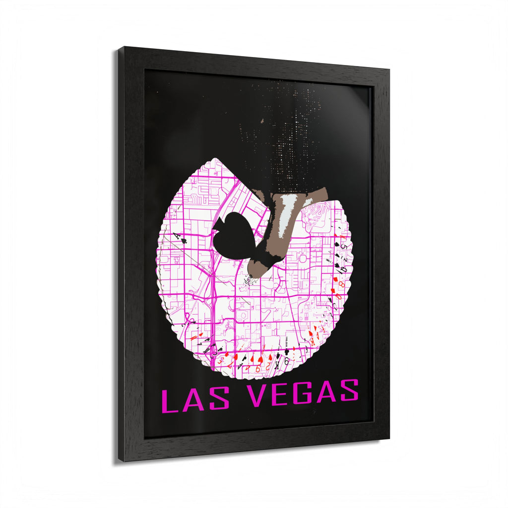 Las Vegas Pinup-Poster: schwarzer Rahmen, Kartengrafik mit Silhouette und Magenta „LAS VEGAS“