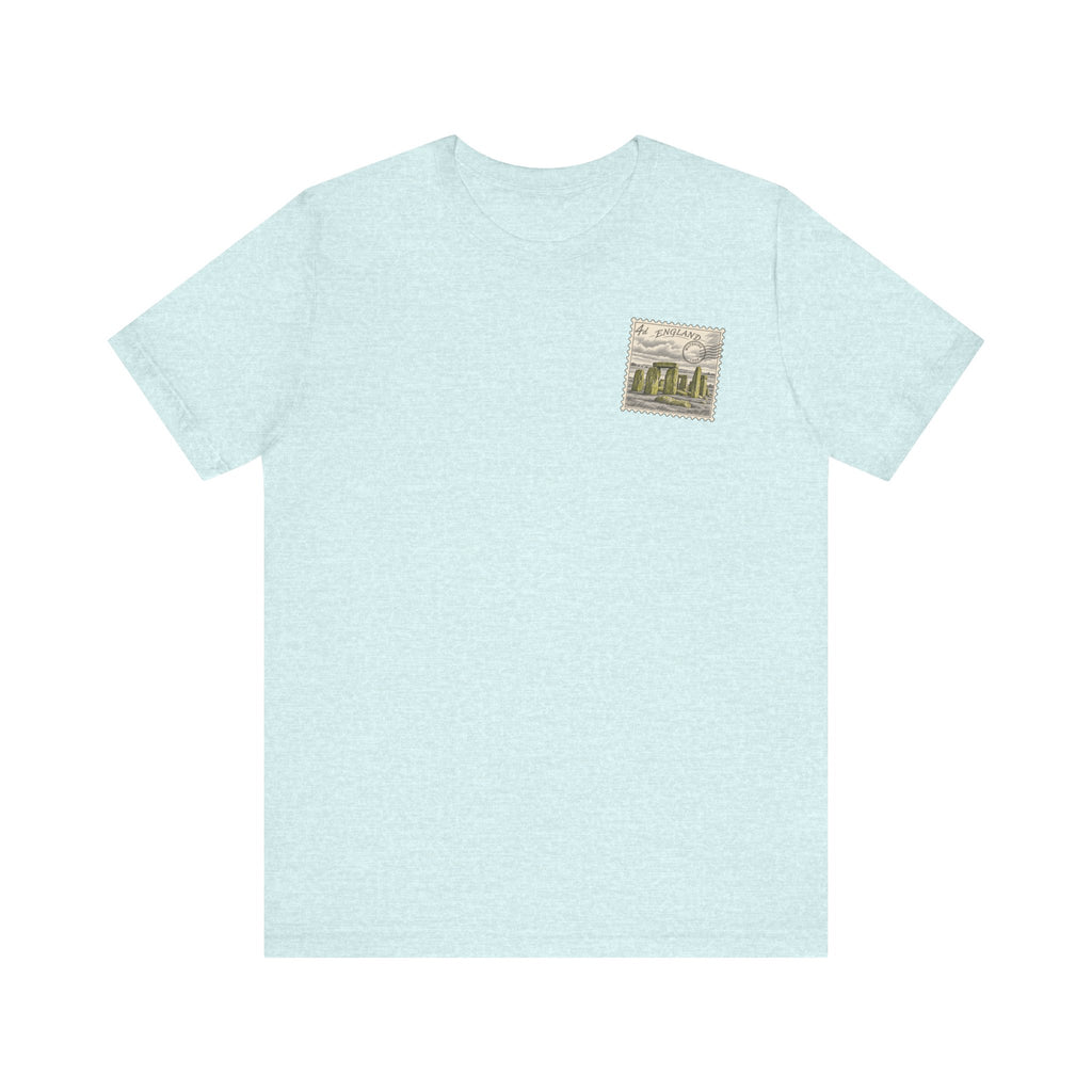 Heather Prism Ice Blue short-sleeve tee with small Stonehenge landmark illustration logo on chest