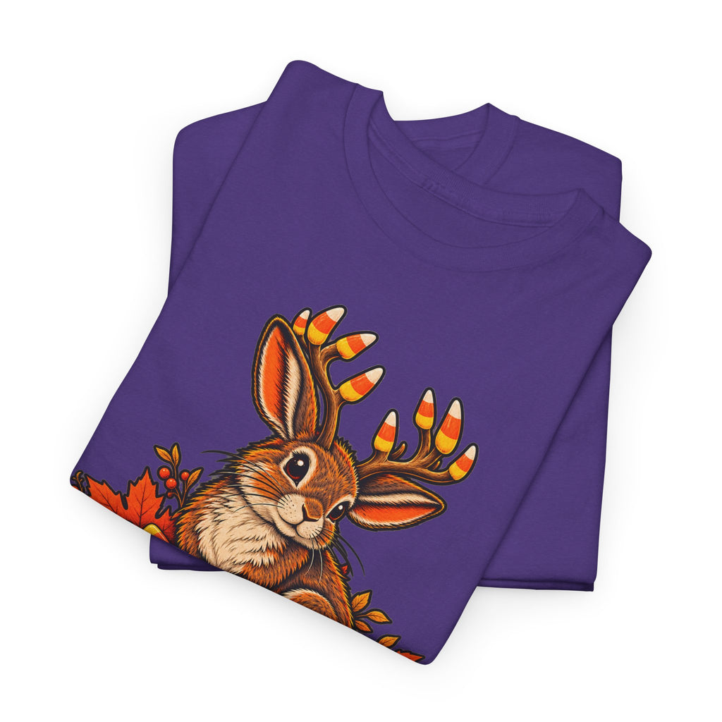Purple crew-neck T-shirt with colorful jackalope face and antler graphic