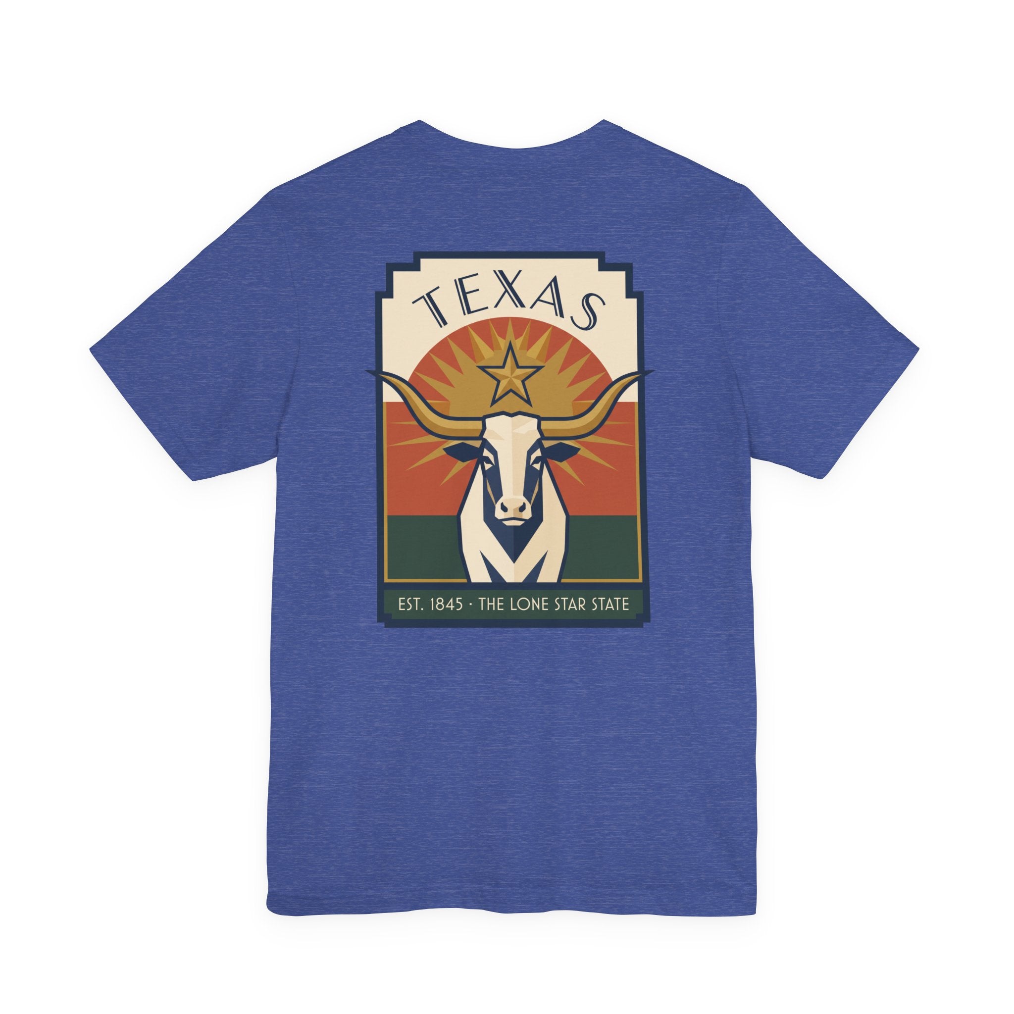 Heather true royal T-shirt with retro Texas graphic, longhorn head and star logo in square frame
