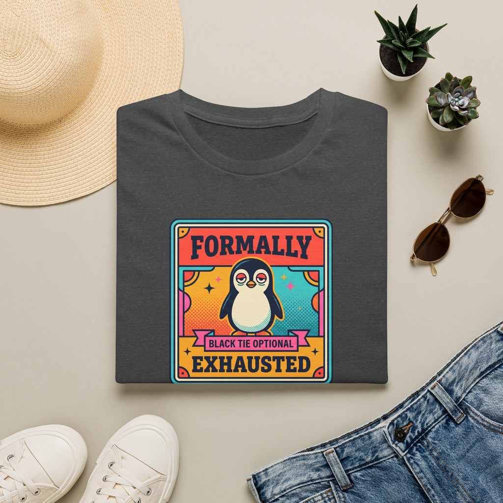Dark gray crew-neck T-shirt with retro penguin badge graphic and “Formally” “Exhausted” text.