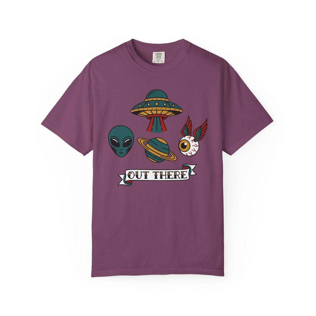 Plum crewneck T-shirt with alien, UFO, and 'Out There' graphic