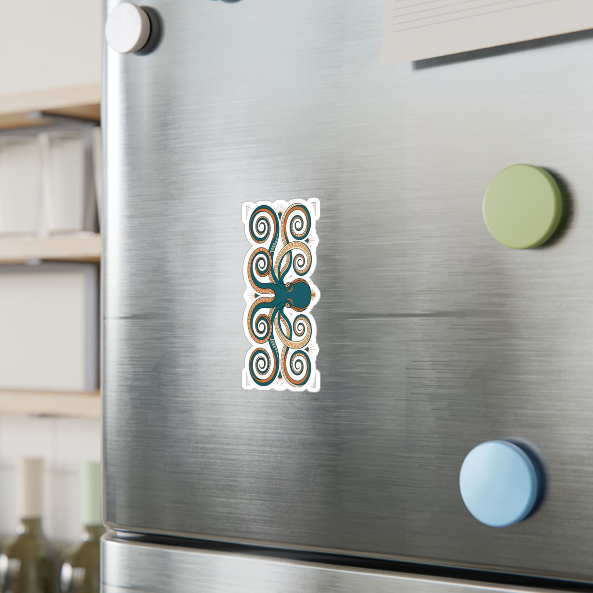 Ornate octopus sticker on brushed metal surface, teal octopus with orange swirls