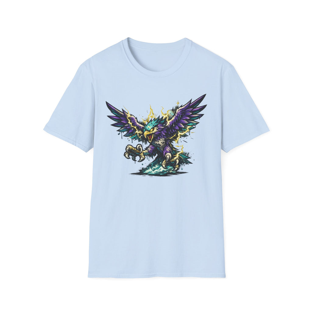 Light blue crew-neck T-shirt with colorful lightning bird graphic on the chest
